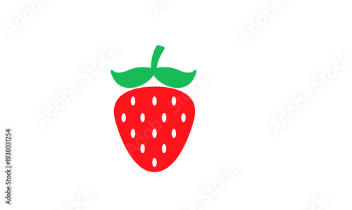 Stylized red strawberry icon with green leaves, simple fruit illustration on white background