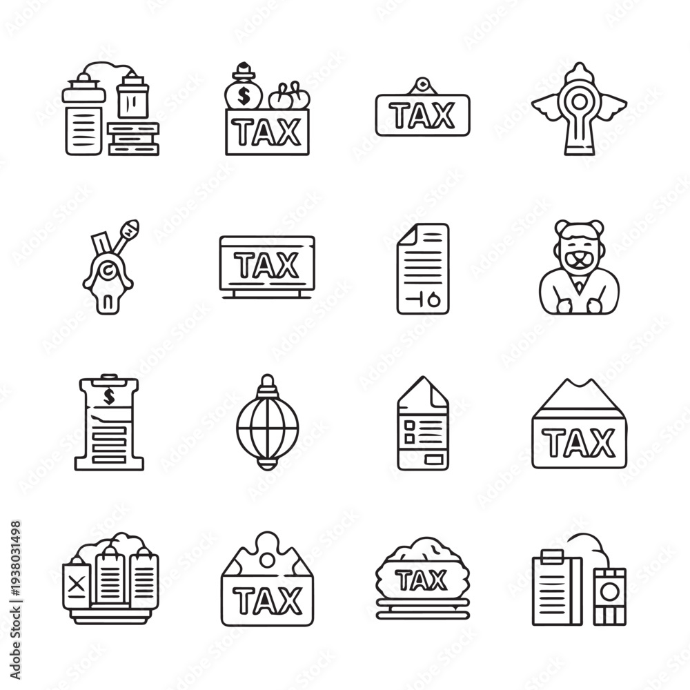 Fototapeta premium Tax Icons Collection: Finance Payment and Legal Documents Line Art