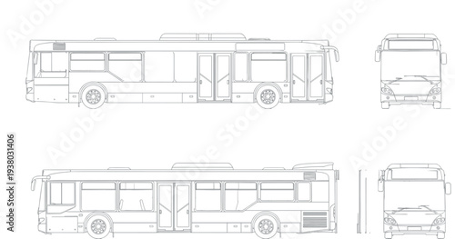 City public transport bus technical blueprint with side front and rear views detailed outline urban transit vehicle vector illustration