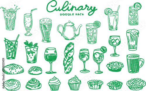 This extensive culinary doodle pack provides a versatile collection of hand-drawn illustrations, perfect for food and drink design projects. It features refreshing beverages including cocktails, sodas