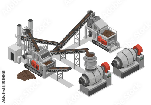 Isometric view of a factory with machinery and conveyor belts with raw materials being processed