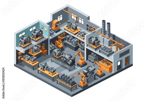Isometric view of a factory interior with machinery robots and engines on tables and assembly lines