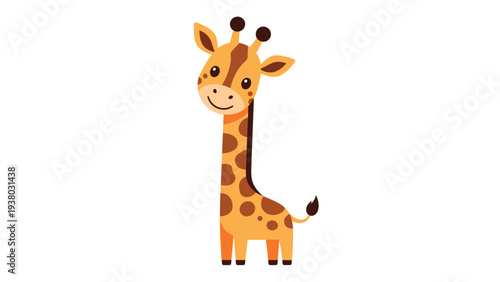 Adorable and friendly cartoon baby giraffe with a sweet smile, standing and looking forward, isolated on a white background.