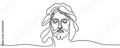 Portrait of Jesus Christ in one line art style. Holy face drawn with one continuous black line. Vector illustration.