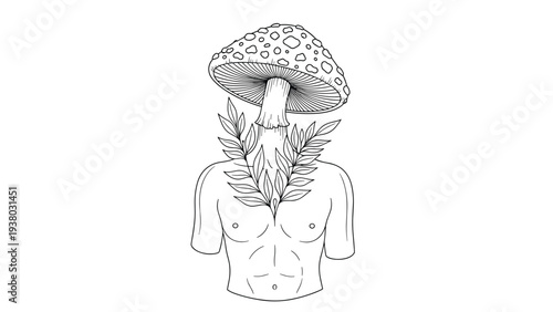 Surreal black and white line art illustration of a man's torso with a large amanita mushroom head and a laurel wreath.
