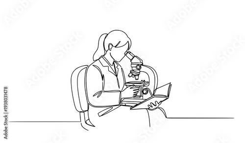 Continuous one line female scientist observing microscope and recording research laboratory vector illustration