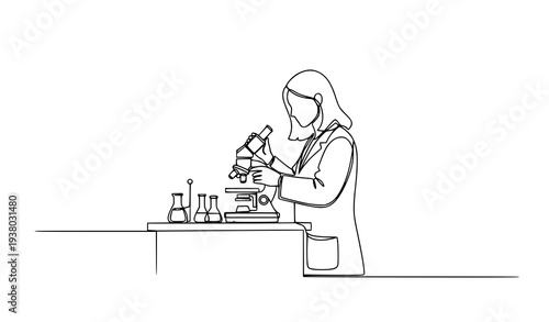 Minimalist continuous line female scientist analyzing sample with microscope laboratory research vector