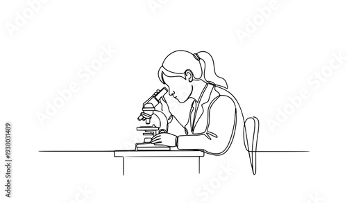 Continuous one line drawing female scientist using microscope laboratory research science vector illustration