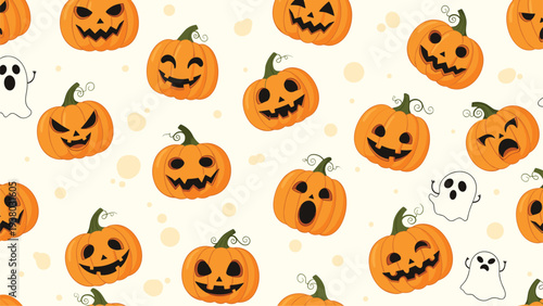 Fun and spooky seamless Halloween pattern with a variety of cartoon jack-o'-lanterns and cute little ghosts on a light background.