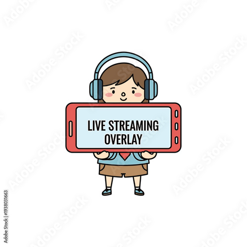 Girl Holding Tablet with Live Streaming Overlay vector illustration