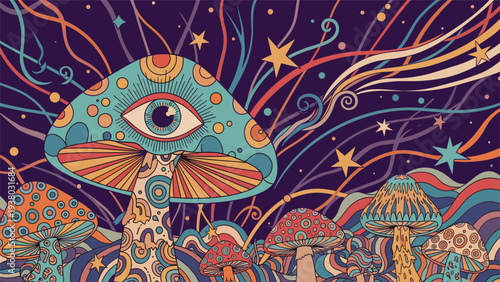 Psychedelic illustration of magic mushrooms with an all-seeing eye against a cosmic background with stars and colorful waves.