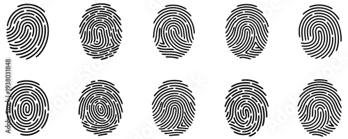 A set of black fingerprint icons with various papillary line patterns. Vector illustration symbolizing biometric identification and security.