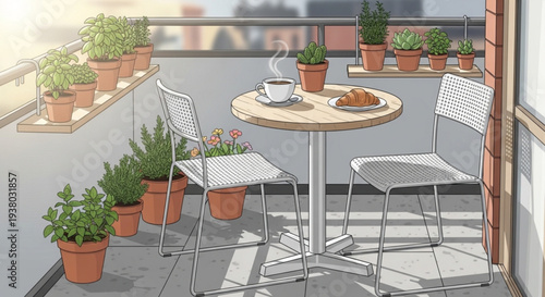 Cozy balcony with small table chairs potted plants and breakfast on a sunny day outside