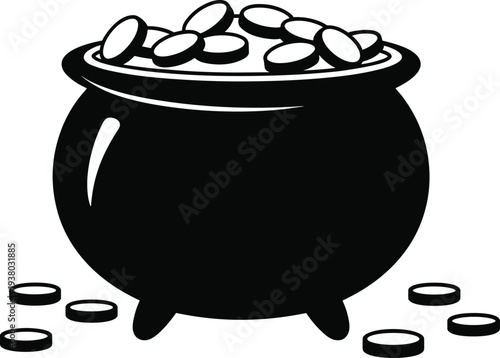 St Patricks Day pot of gold coins vector, black silhouette of leprechaun treasure for Irish holiday