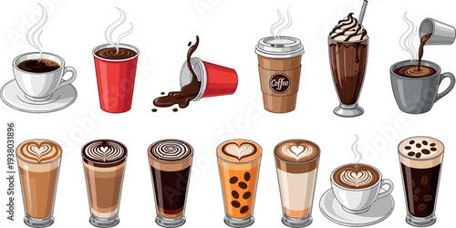 Coffee drinks collection espresso latte cappuccino mocha takeaway cup milkshake cafe beverage vector illustration set icons