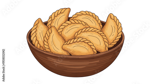 Hand-drawn illustration of a wooden bowl filled with freshly baked empanadas or curry puffs, isolated on a white background.