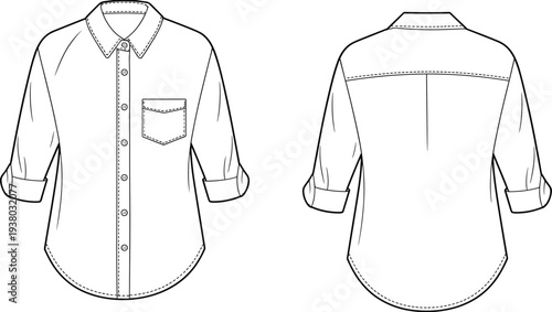 Women collared button shirt technical fashion flat, rolled sleeve blouse with chest pocket casual style, front back CAD drawing