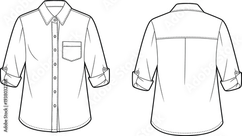 Women collared button shirt technical fashion flat, long sleeve blouse with chest pocket and rolled cuffs, front back CAD drawing