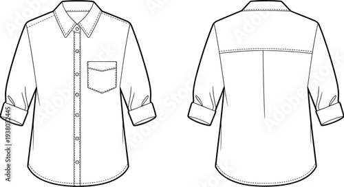 Women collared shirt technical fashion flat, button up blouse with chest pocket and rolled sleeves, front back CAD drawing