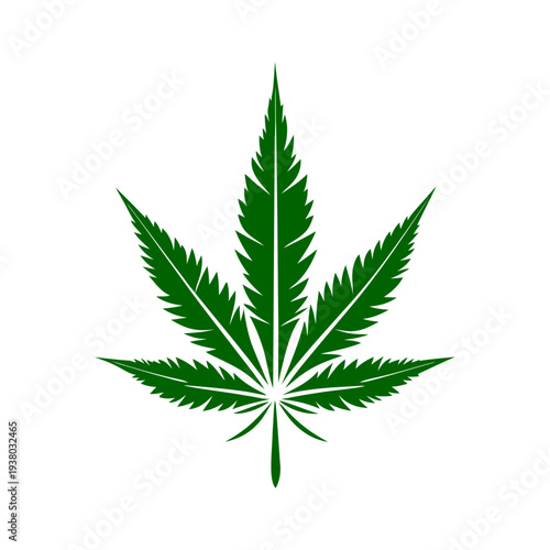Green silhouette icon of a marijuana leaf with five smooth pointed segments. A concise vector illustration symbolizing natural cannabis, organic products, or medical themes.