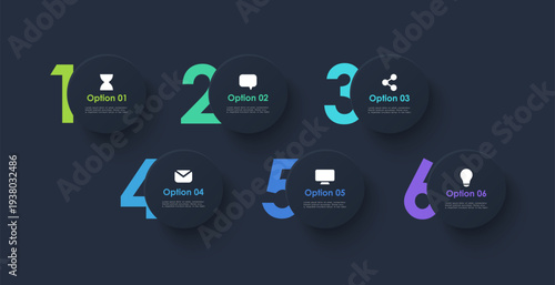 6 circular infographic elements with numbers. Business and marketing template for data visualization.