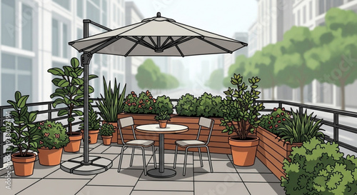 Outdoor patio with table chairs umbrella and lush green plants on a city balcony with modern buildings