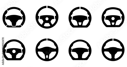 A set of black silhouette icons of a car steering wheel in various designs. A minimalist vector illustration symbolizing driving, transportation, and car service.
