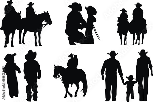 Cowboy silhouettes collection, western ranch people with horses and family figures, wild west culture vector illustration set