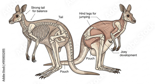 Anatomy of kangaroo skeletal and muscular system with labeled body parts for educational purposes
