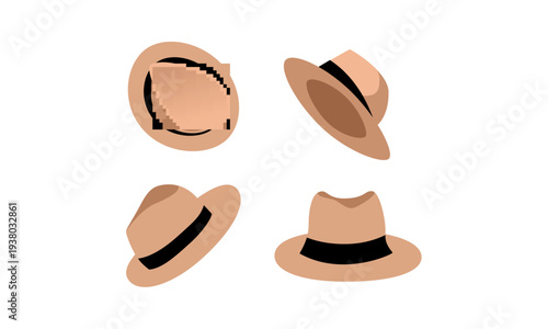 Collection of four beige summer hats with black bands, shown from various angles in a flat design style