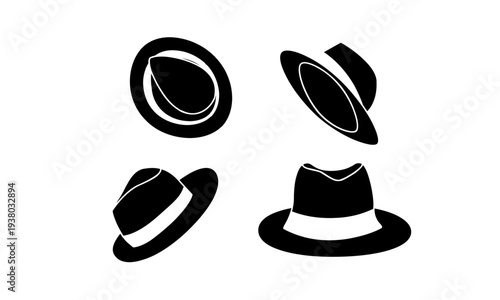 Simple Black Fedora Hat Silhouettes Set from Various Angles