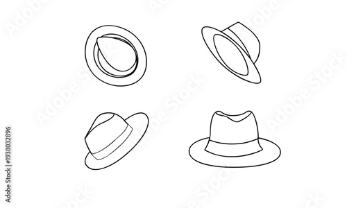 Set of Fedora Hat Line Art Illustrations from Various Angles