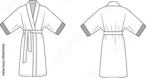 Women kimono style bathrobe technical fashion flat, wrap robe with belt tie and short sleeves, front back CAD drawing
