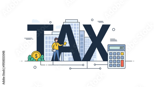 Corporate accountant managing annual tax obligations using a calculator and digital software tools in a modern city environment.
