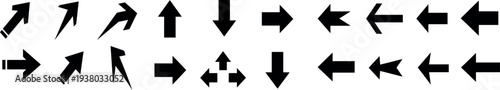 A collection of 16 black arrow symbols pointing in various directions on a white background