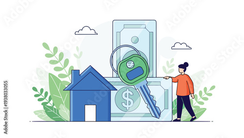 Smart home security concept with man using smartphone digital key to control automated house lock system via wireless connection.