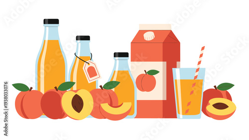 Assortment of fresh organic peaches, glass bottles of fruit juice, and a carton of peach nectar isolated on a white background.