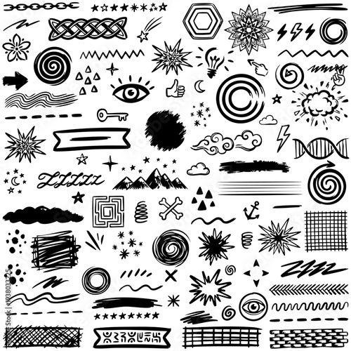 Large set of various hand-drawn black design elements on a white background. The collection includes various graphic elements made in a careless sketch style. Vector illustration.