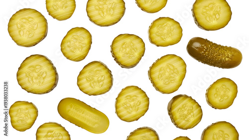 Crinklecut Dill Pickle Slices And Whole Gherkins On White Background