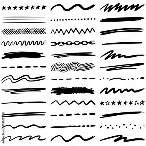 Large set of various hand-drawn black design elements on a white background. The collection includes various graphic elements made in a careless sketch style. Vector illustration.
