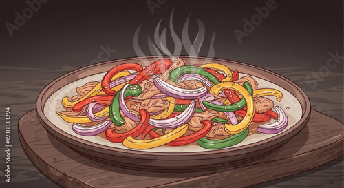 Delicious fajita dish with sizzling chicken colorful peppers onions on wooden plate appetizing food illustration