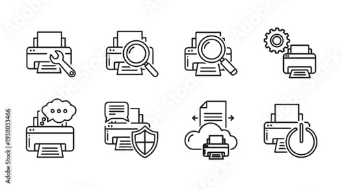Printer Icons Set: Troubleshooting Search Cloud Security and Power StatusVector Graphics