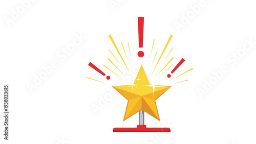 Shining golden star award trophy surrounded by red exclamation marks and light rays to symbolize excellence and achievement.