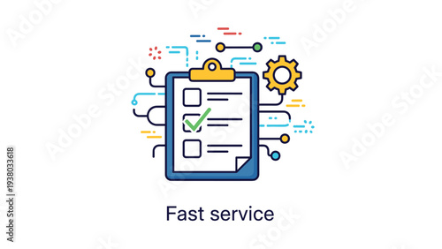 Fast service concept represented by a blue clipboard with checkmarks and an integrated yellow mechanical gear for efficiency.