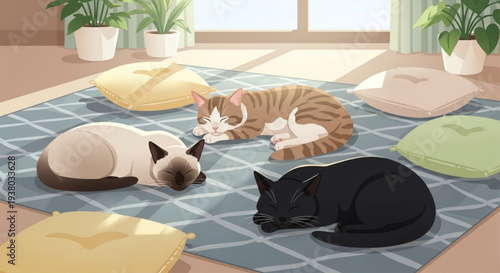 Three cats sleeping on cushions and a blue rug in a cozy room with plants