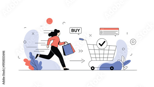 Energetic woman running with colorful shopping bags toward a virtual cart to illustrate fast online retail transactions.