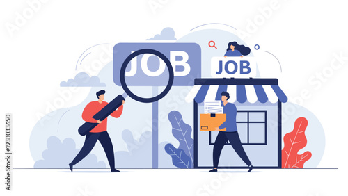 Job search illustration with professional individuals using a magnifying glass to find employment opportunities in the city.