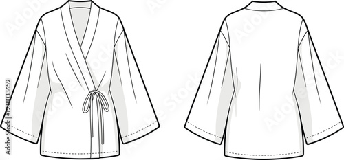 Women kimono wrap blouse technical fashion flat, long sleeve top with waist tie belt, front back CAD drawing