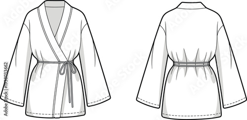 Women kimono wrap robe technical fashion flat, long sleeve wrap top with waist tie belt, front back CAD drawing