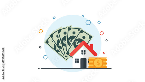 Real estate investment concept showing a small residential house surrounded by stacks of paper dollar bills and gold coins.